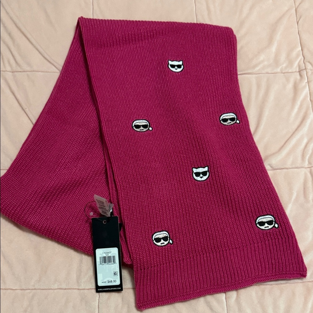 Karl Lagerfeld Women’s Fuchsia Scarf with Embroidered Faces